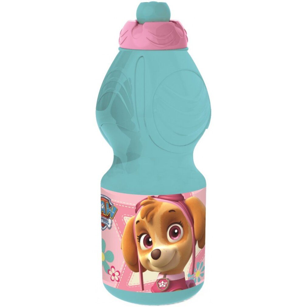 Türkisgrüne Trinkflasche mit rosa Deckel. Paw Patrol-Figur aufgedruckt. Oben ein Trinkverschluss.