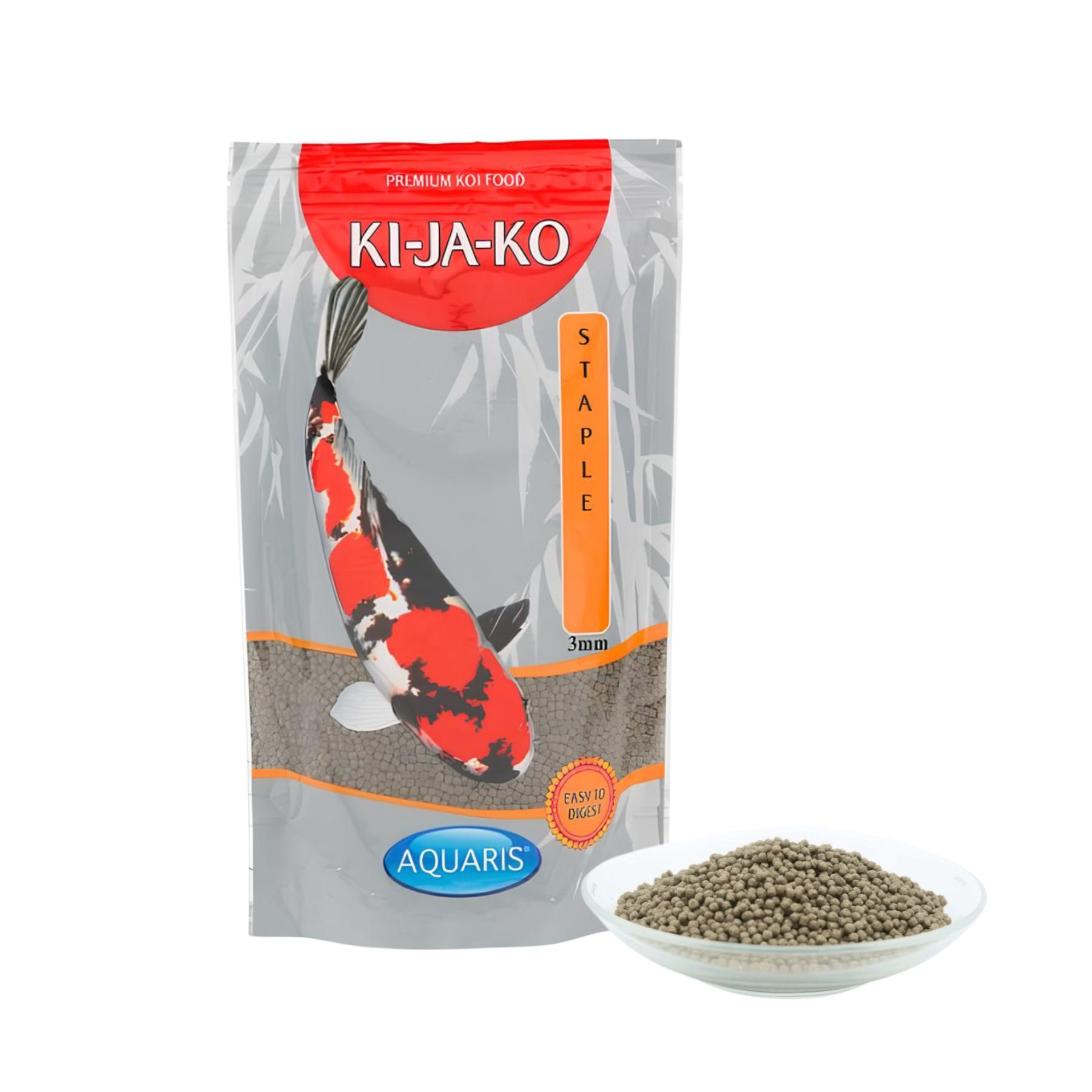 Verpackung von KI-JA-KO Koifischfutter Staple 1 kg / 3mm. Abbildung eines Koi-Fisches. Orangefarbener Streifen mit Text.