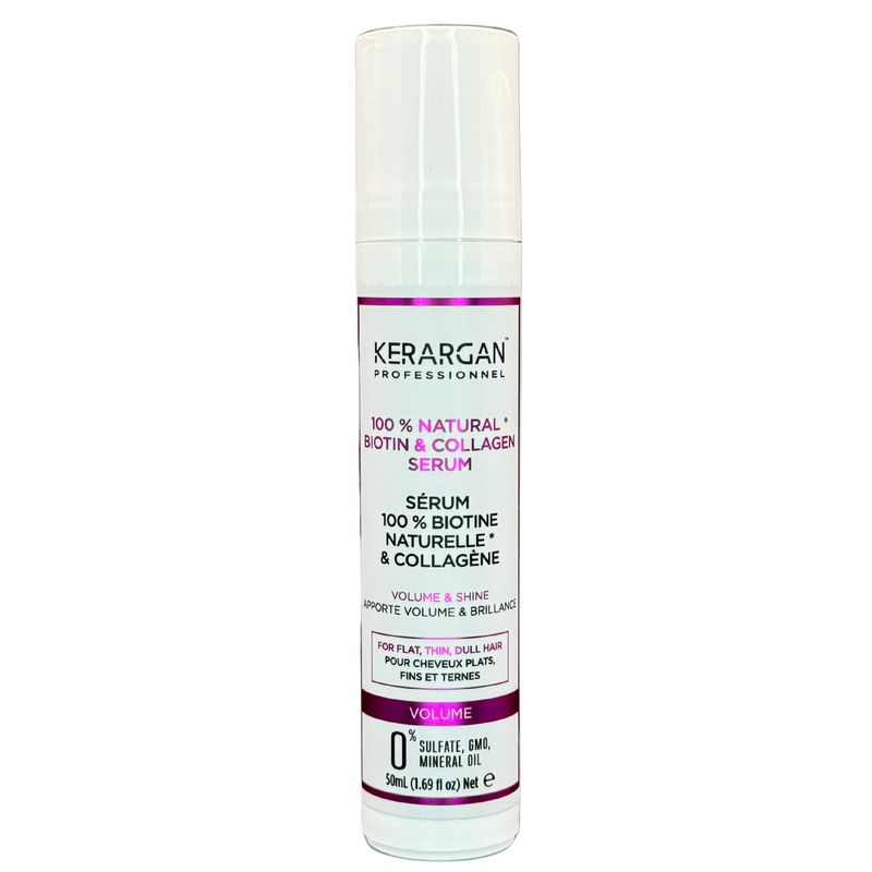 Kerargan Volumen Serum. Weiße Flasche mit Sprühkopf. Text: 100% Natural Biotin & Collagen Serum.