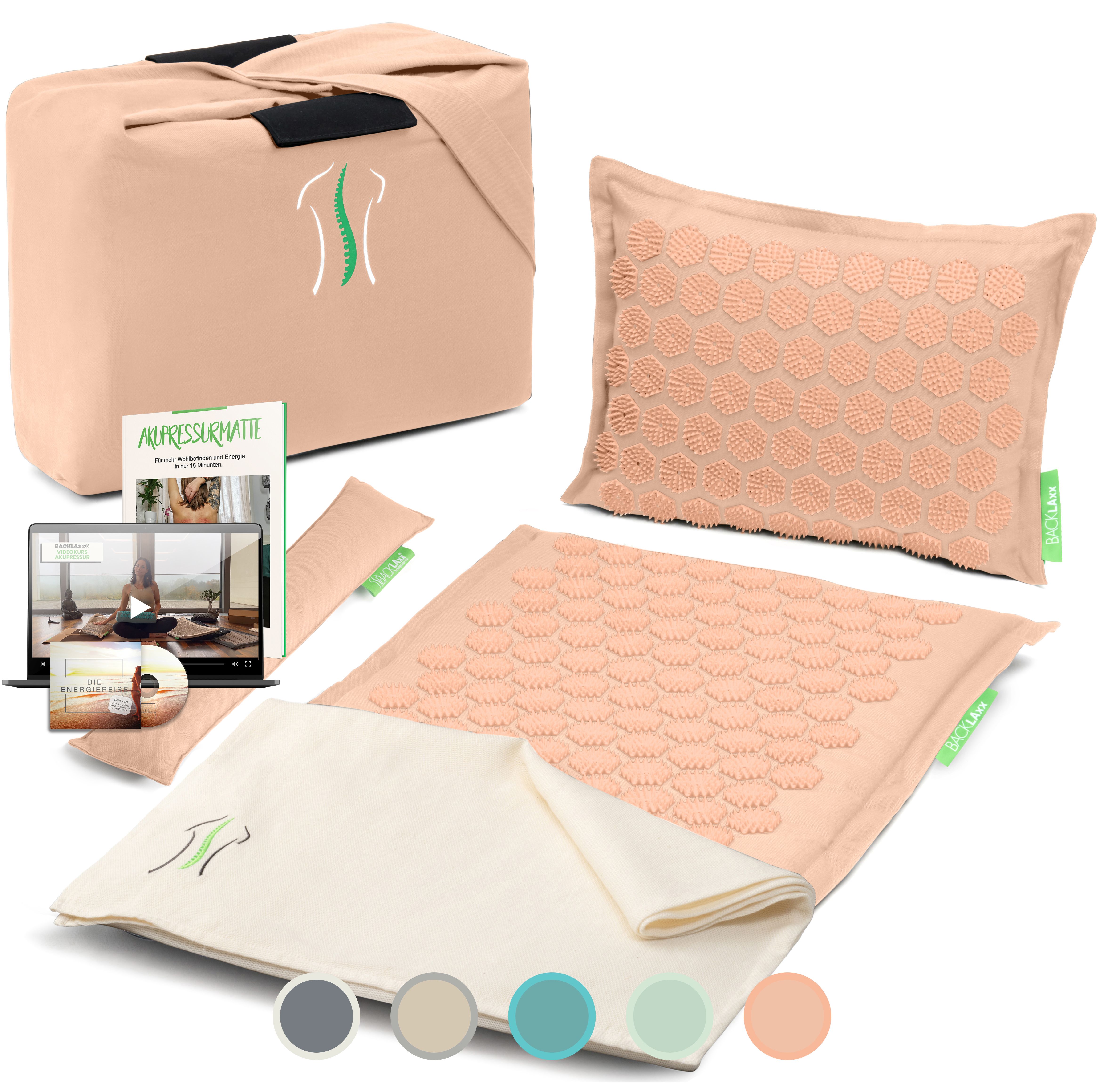 Set mit Akupressurmatte, Kissen, Rolle, Tragetasche, E-Book und DVD. Beige. Verschiedene Farben. Rückenlogo auf Matte und Tasche.