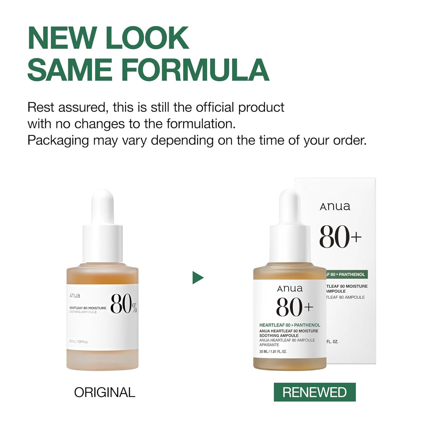 Zwei Flaschen, eine mit Etikett 'Original', die andere 'Renewed'. Text: 'New Look, Same Formula'. Produkt: Anua Heartleaf 80%.