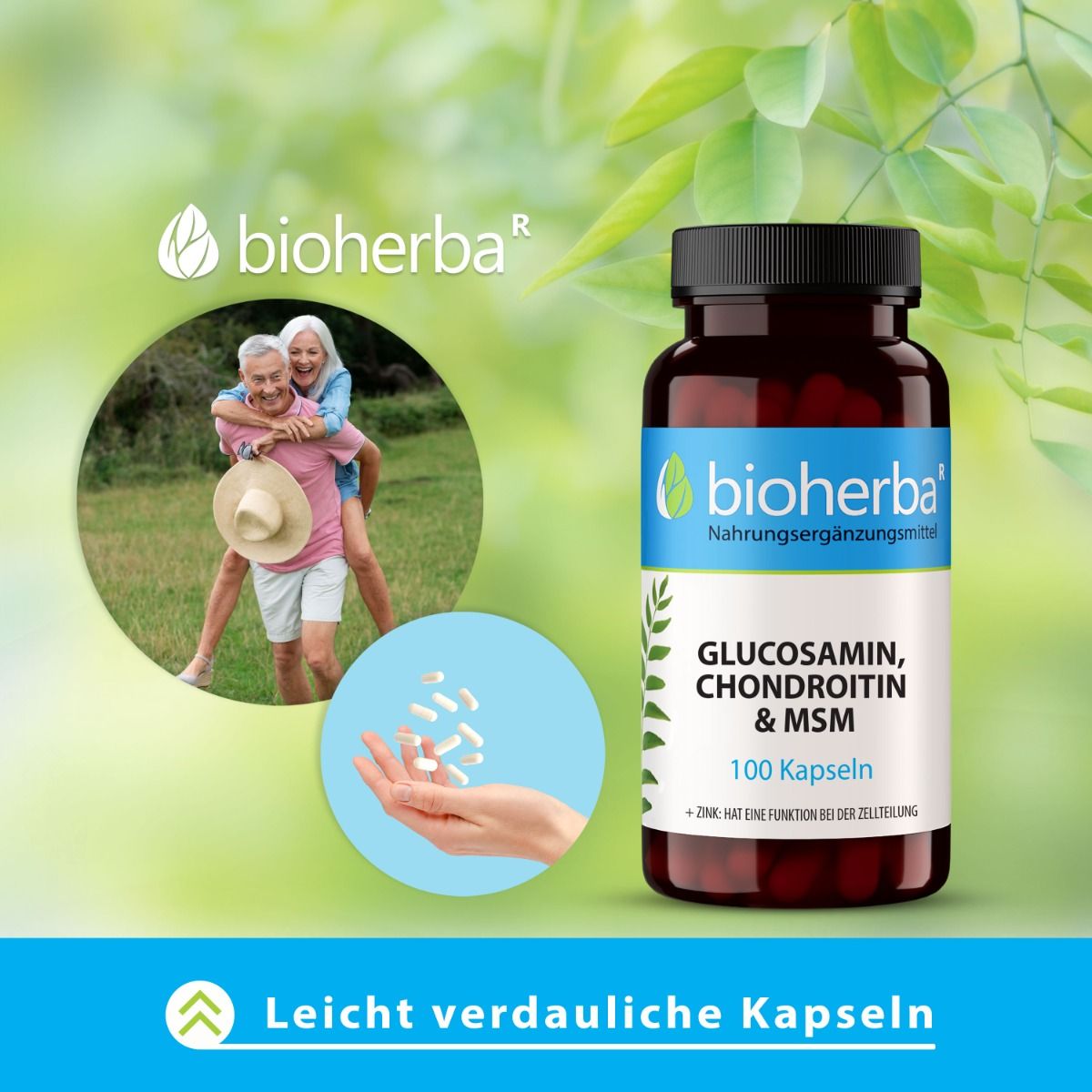 Älteres Ehepaar im Freien. Flasche mit Produktetikett und Kapseln in einer Hand. Leicht verdauliche Kapseln.
