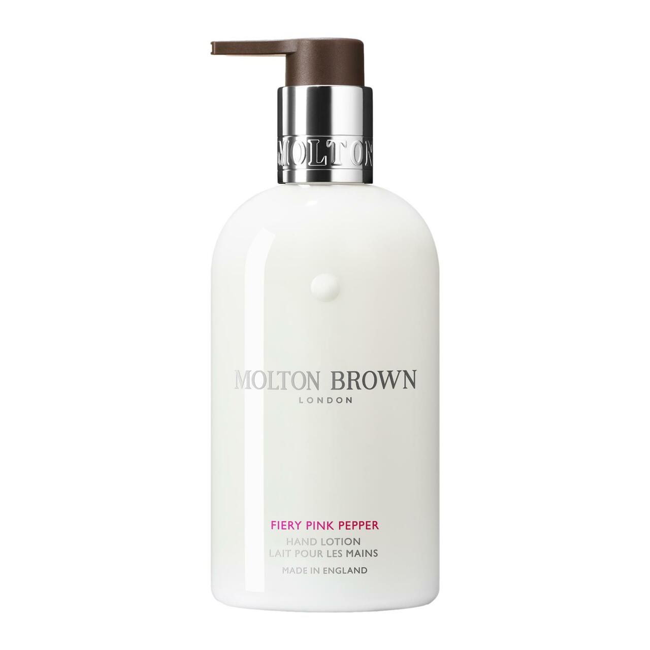 Weiße Flasche mit Pumpe. Text: Molton Brown London, Fiery Pink Pepper Handlotion. Made in England.