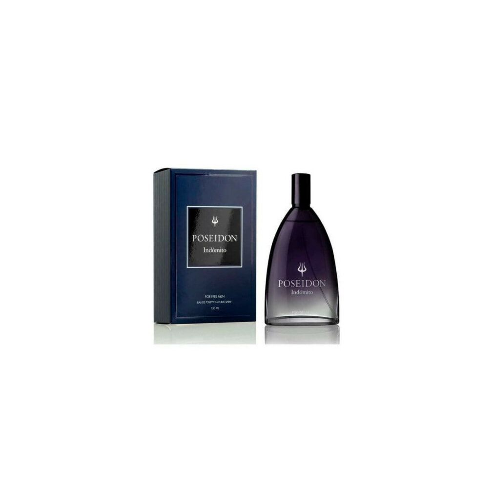 Dunkelblaue Schachtel und Flakon. Aufschrift: Poseidon Indómito. Flakon mit schwarzem Verschluss. Eau de Toilette.