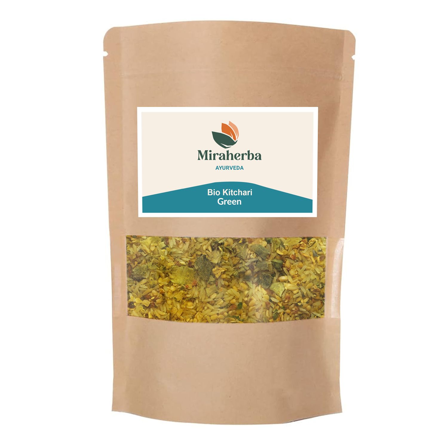 Beutel mit Miraherba Bio Kitchari Green. Sichtfenster zeigt grüne Kräuter. Aufschrift Miraherba und Ayurveda.
