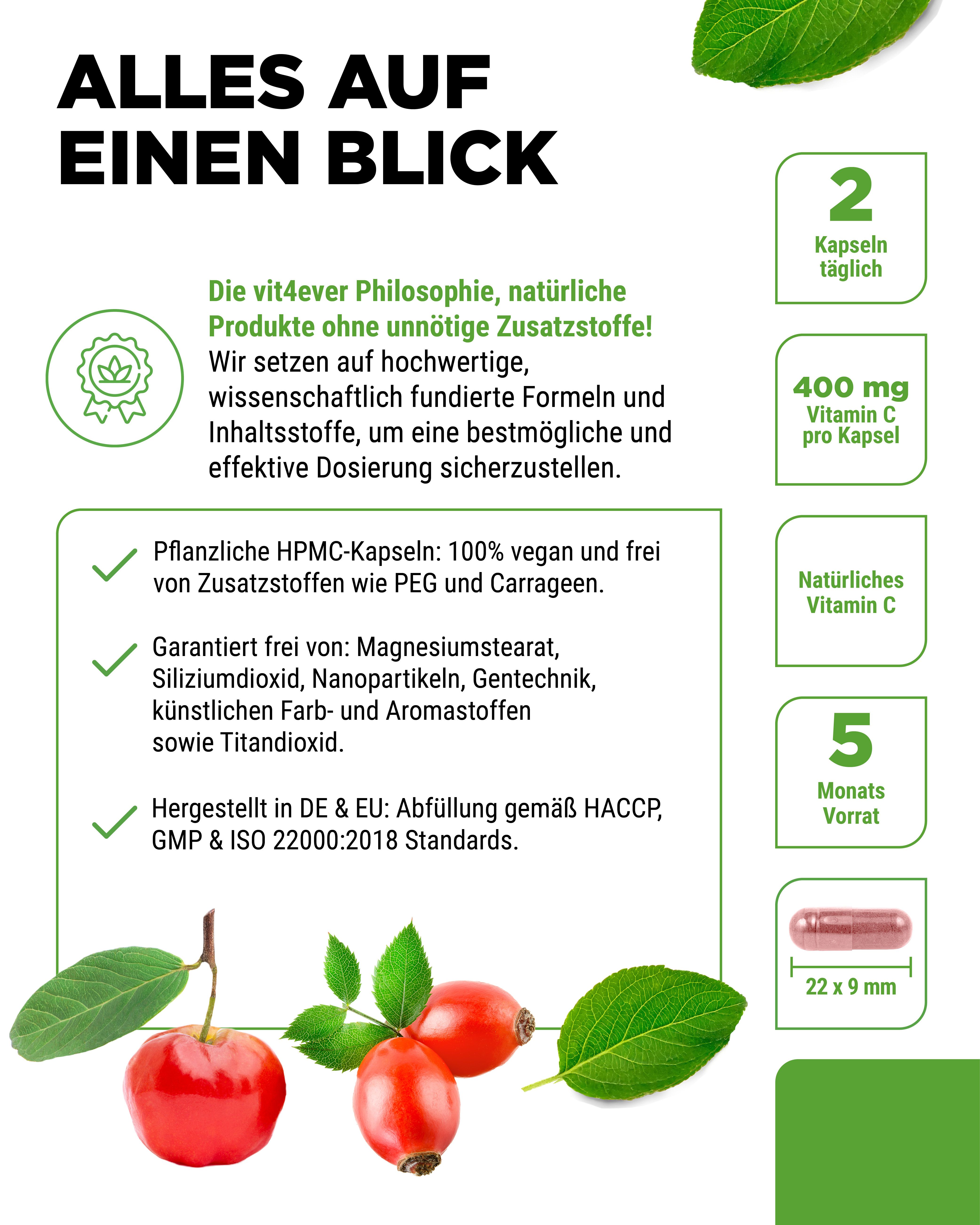 Text: Alles auf einen Blick. 2 Kapseln täglich. 400 mg Vitamin C pro Kapsel. 5 Monatsvorrat. Pflanzliche Kapseln.