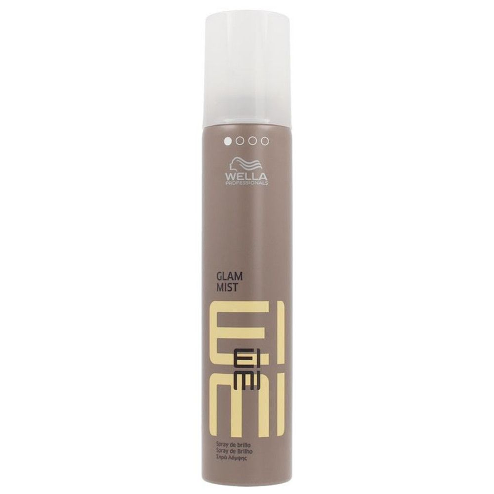 Braune Sprühflasche mit weißem Deckel. Aufschrift: Wella, Glam Mist, Eimi. Glanzspray.
