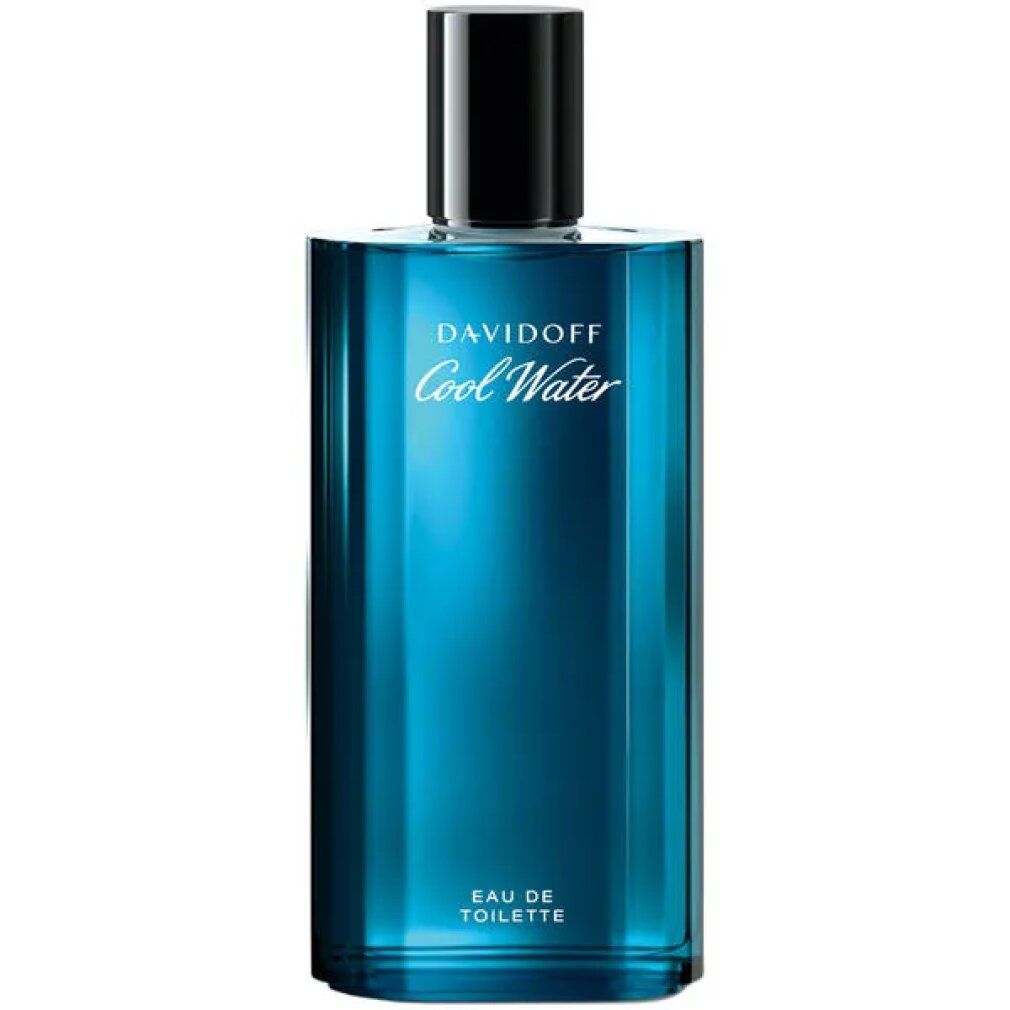 Davidoff Cool Water Eau de Toilette Spray. Blaue Flasche, schwarzer Deckel. Produktbezeichnung.