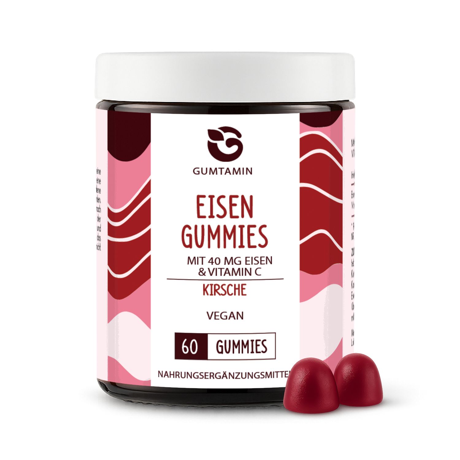 Glas mit Eisen Gummibärchen und zwei Gummibärchen daneben. Marke: Gumtamin. Aufschrift: Eisen Gummies, Kirsche, 60 Stück. Vegan.