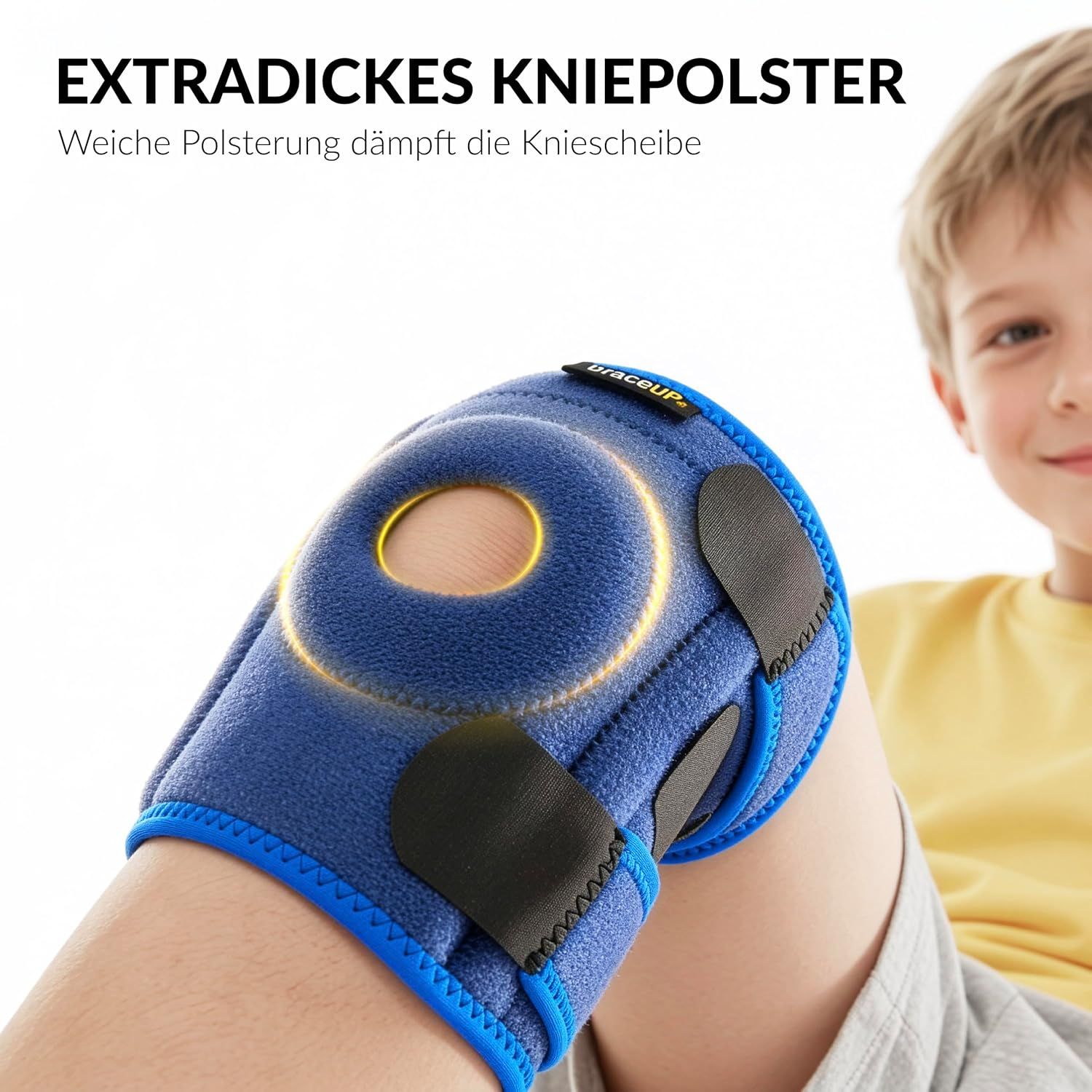 Blaue Kniebandage mit extra dicker Patella-Polsterung und gelbem Lichteffekt.