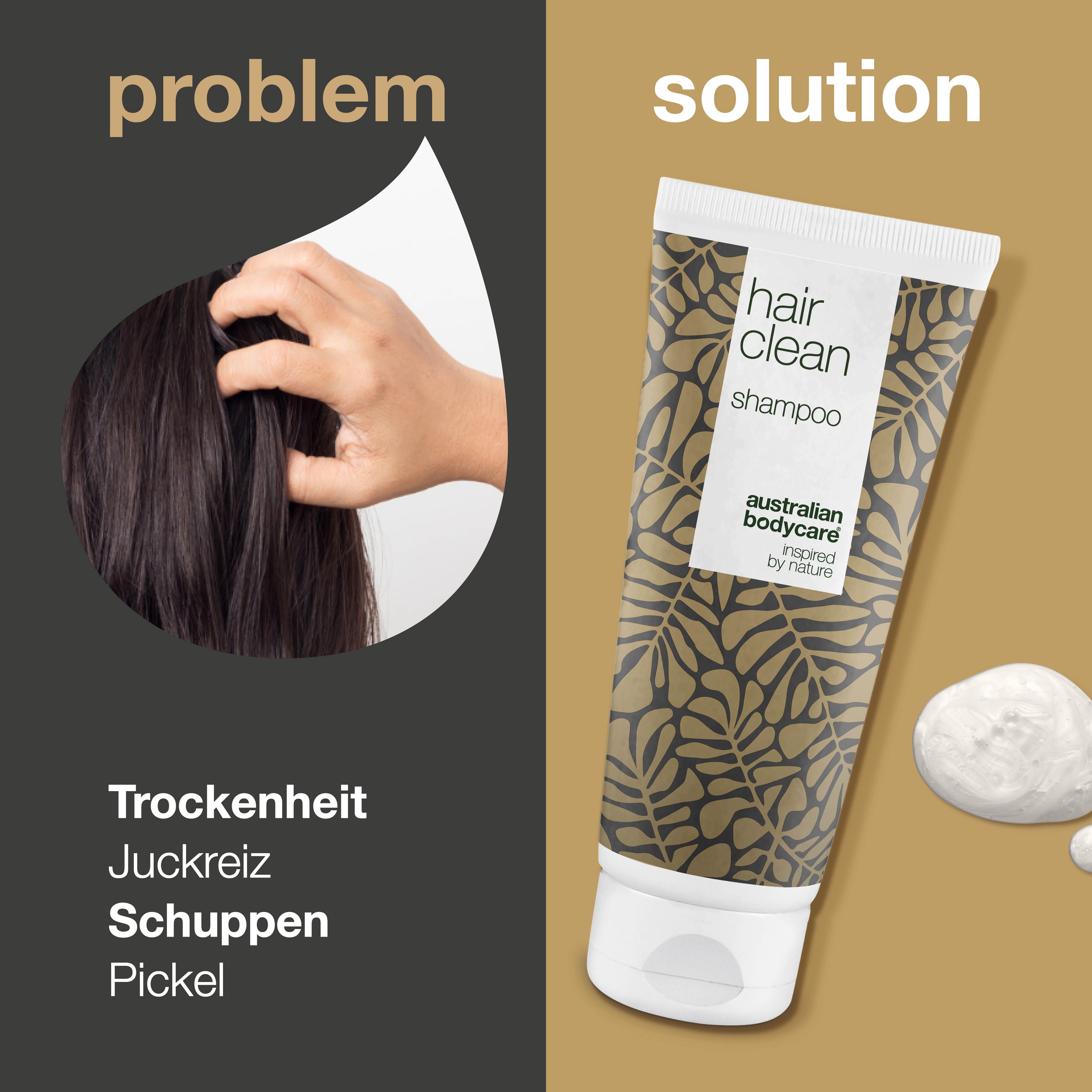 Vergleich von Problem und Lösung. Aufschrift: hair clean shampoo, australian bodycare.