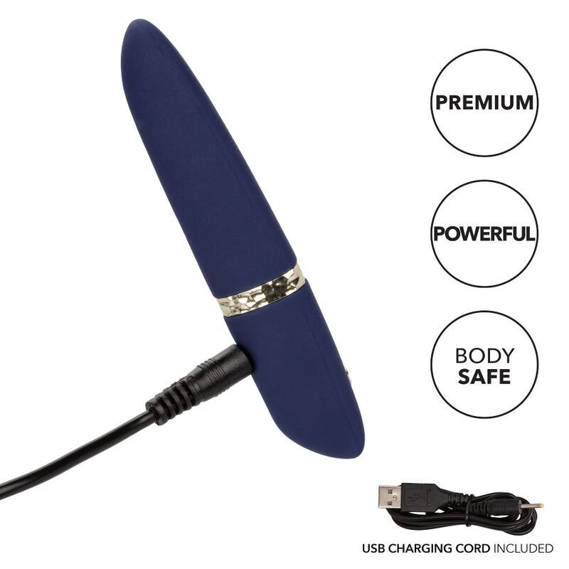 Dunkelblaues Vibrationsmassagegerät wird über USB geladen. Texte: Premium, Powerful, Body Safe.
