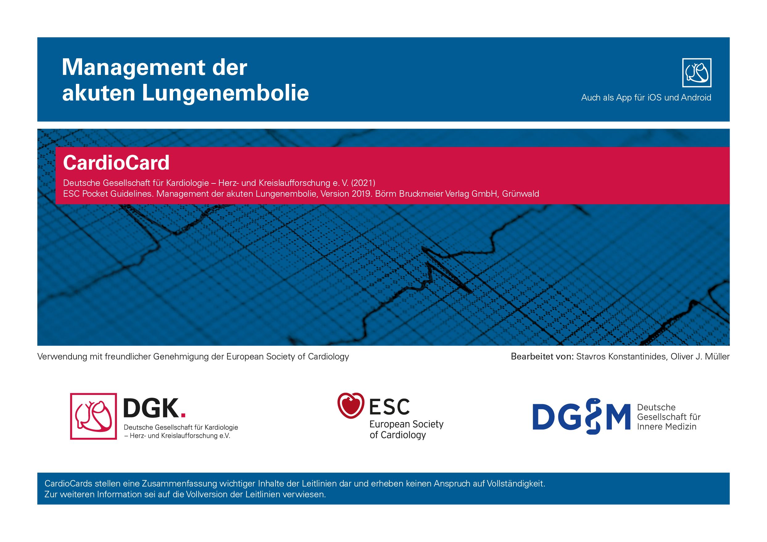 Titel: Management der akuten Lungenembolie. Logo der Deutschen Gesellschaft für Kardiologie. Logo der European Society of Cardiology.
