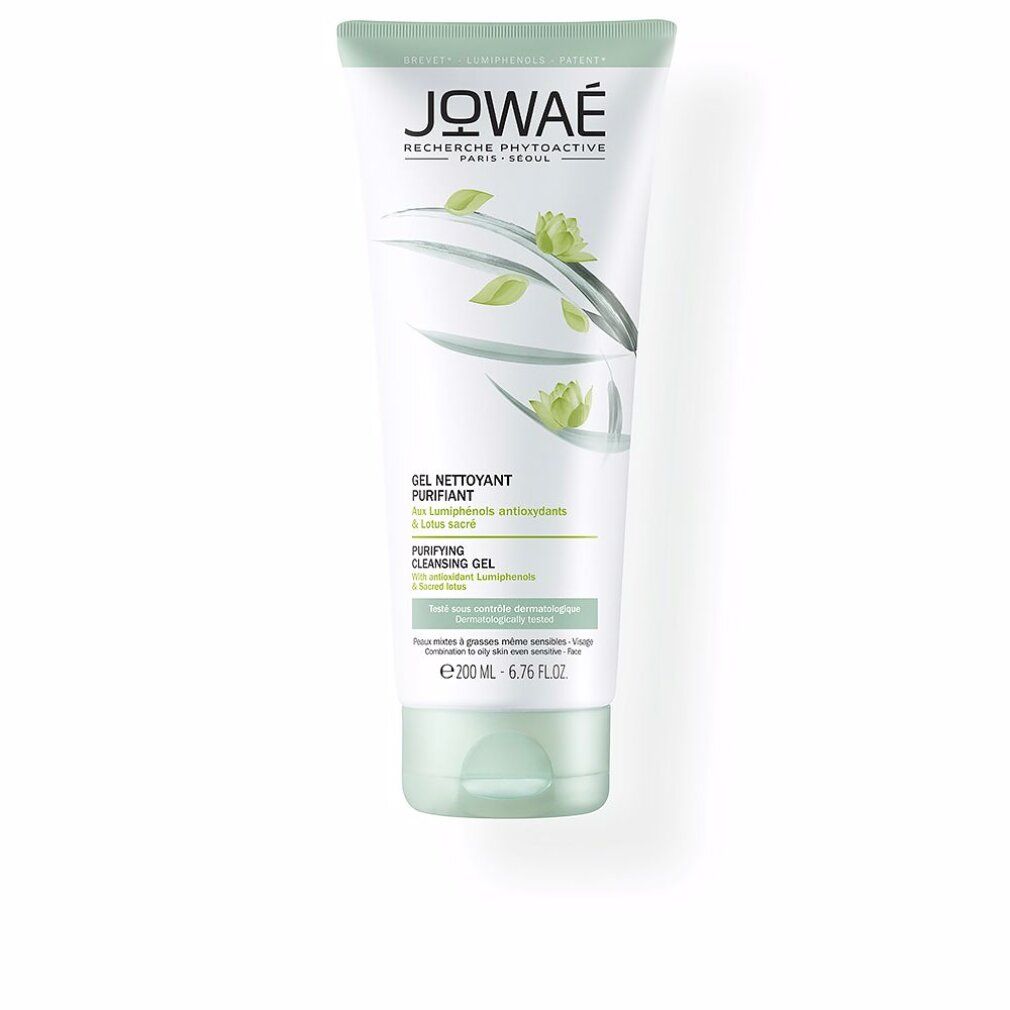 Weiß-grüne Tube mit JOWAE-Logo und Produktbezeichnung. Text: Gel Nettoyant Purifiant, Purifying Cleansing Gel. 200ml.