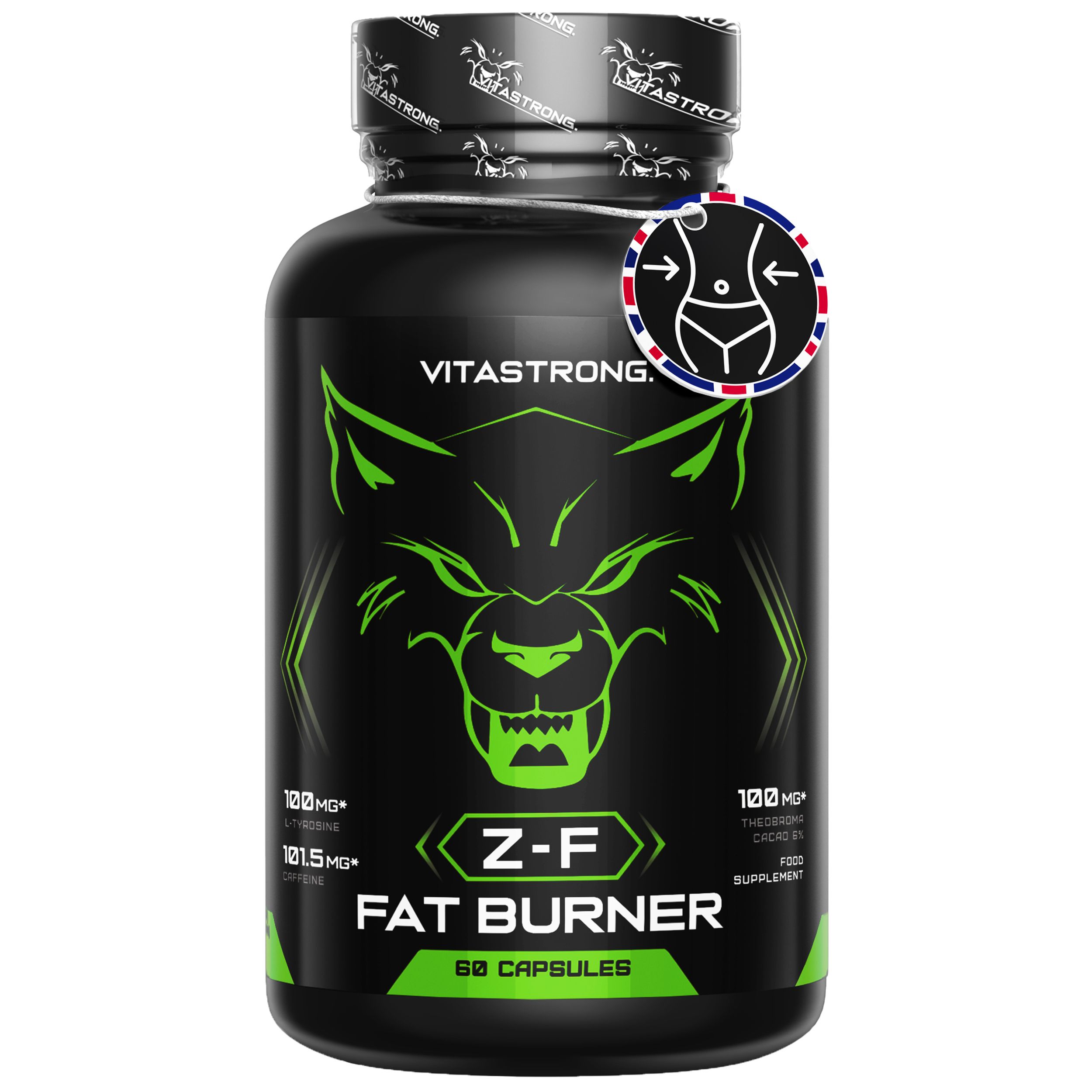 Schwarze Flasche mit grünem Etikett. Text: Z-F Fat Burner, 60 Kapseln. Vitastrong Logo. Wolf-Design. Enthält 100mg und 121.5mg.