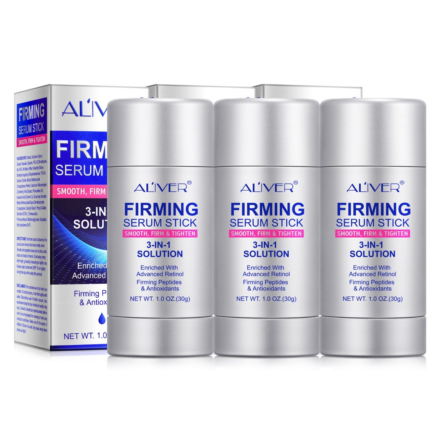 Drei ALIVER Firming Serum Sticks in Verpackung. Weiß-silberne Stifte mit blauer Schrift. 3-in-1-Lösung.
