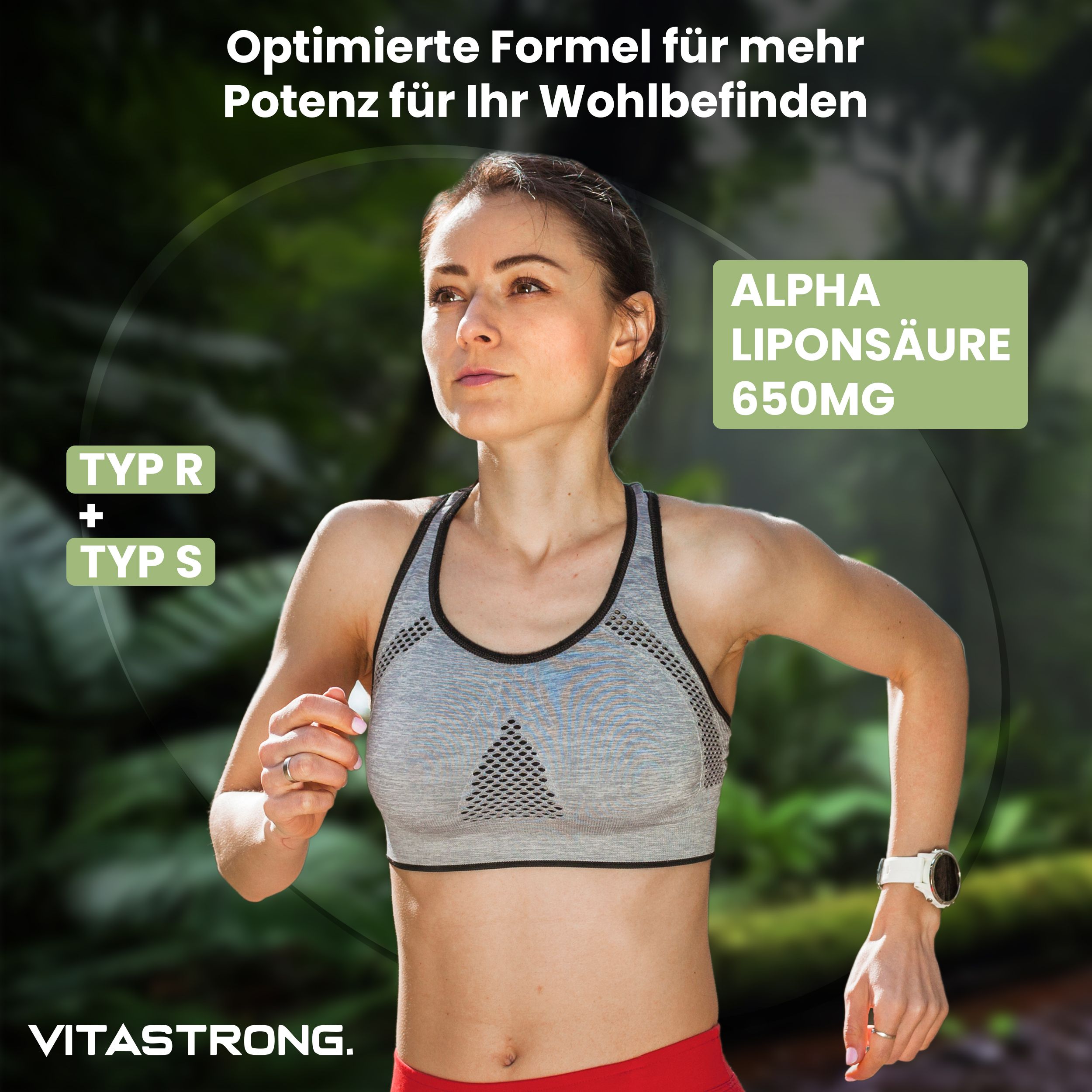 Läuferin. Text: Alpha-Liponsäure 650mg, Typ R + S. Marke Vitastrong.