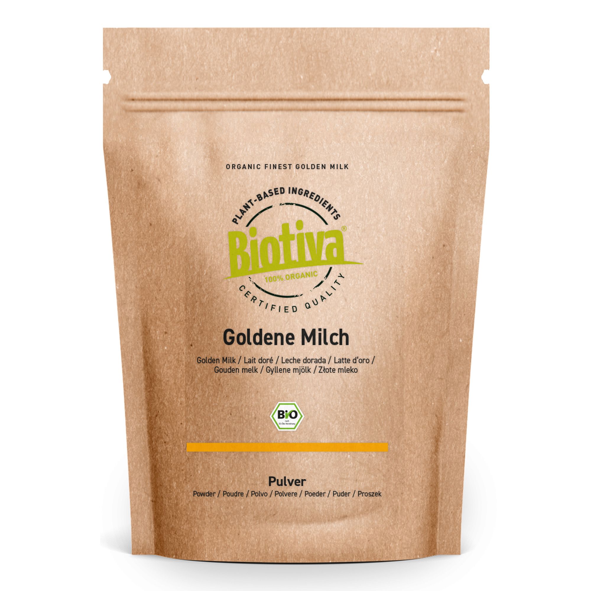 Beutel mit "Goldene Milch"-Pulver. Braune Papierverpackung mit Reißverschluss. Logo und Schriftzug "Biotiva". Bio-Zertifizierung.