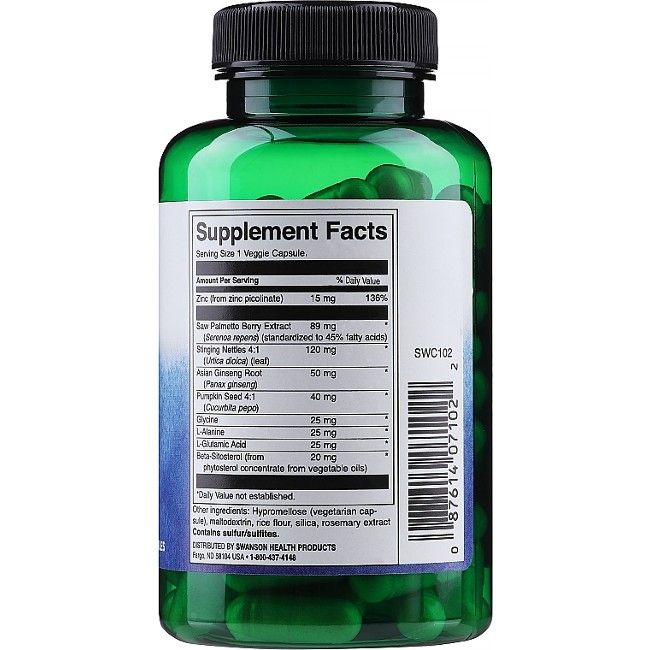 Rückseite einer grünen Flasche. Etikett mit Nährwertangaben und Inhaltsstoffen. Enthält Sägepalmenextrakt, Brennnessel, Zink.