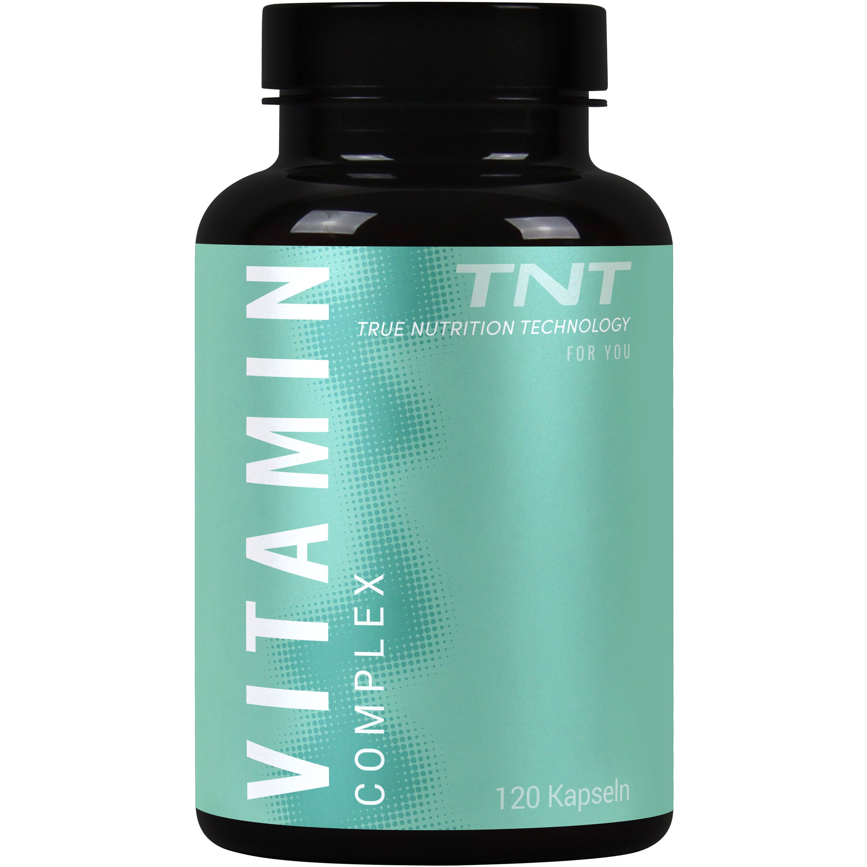 Schwarze Flasche mit grüner Etikette. Aufschrift: Vitamin Complex, TNT, 120 Kapseln. Deckel schwarz.