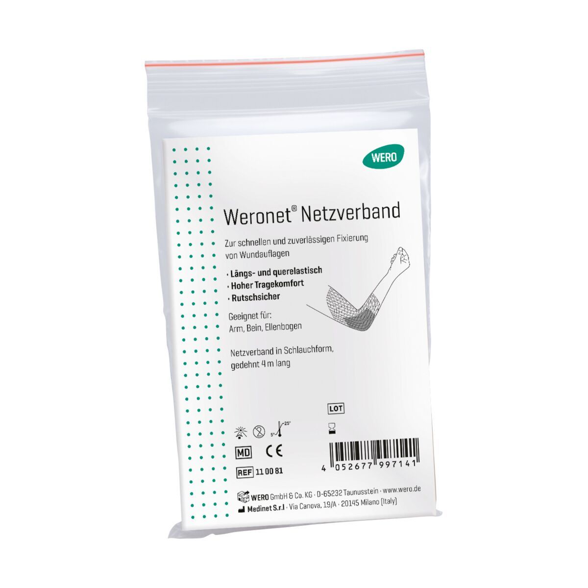 Verpackung des Weronet Netzverbands, weiß, mit Produktinformationen und Abbildung.