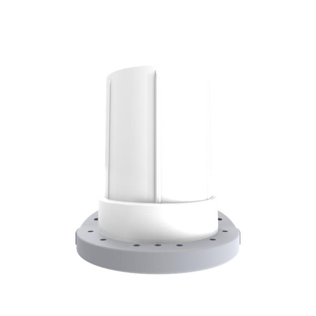 Weiße zylindrische Einlage mit gerilltem Schaft und grauem Sockel mit Perforation.