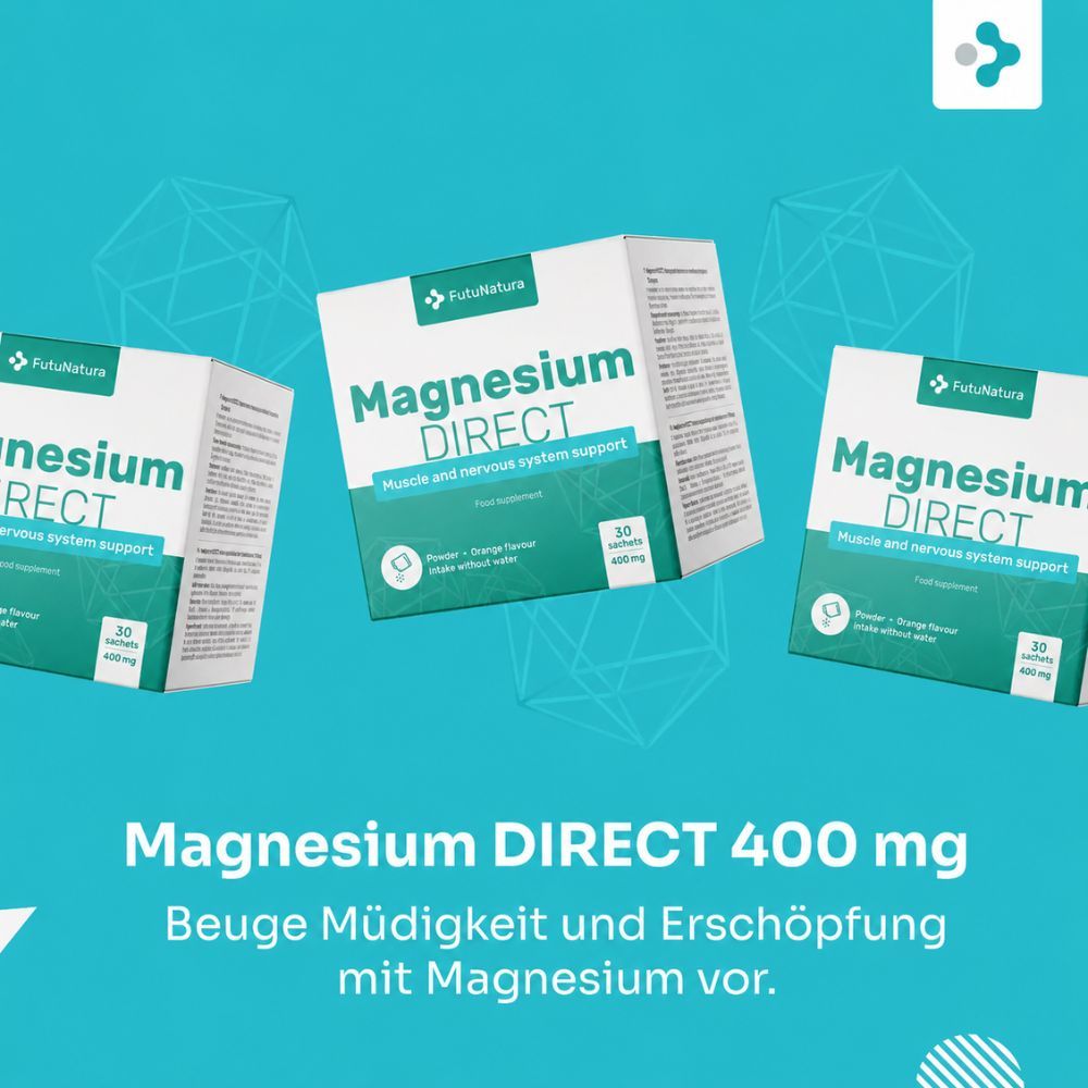 Drei FutuNatura Magnesium DIRECT 400 mg Boxen auf blauem Hintergrund mit geometrischen Formen.