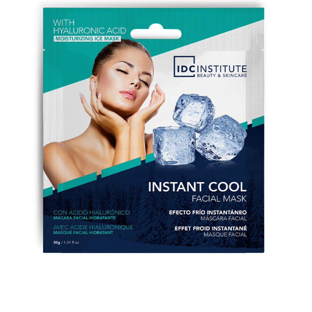 Gesichtsmaske mit Hyaluronsäure. Verpackung mit Frau, Eiswürfeln und Produktnamen. Marke: IDC Institute.