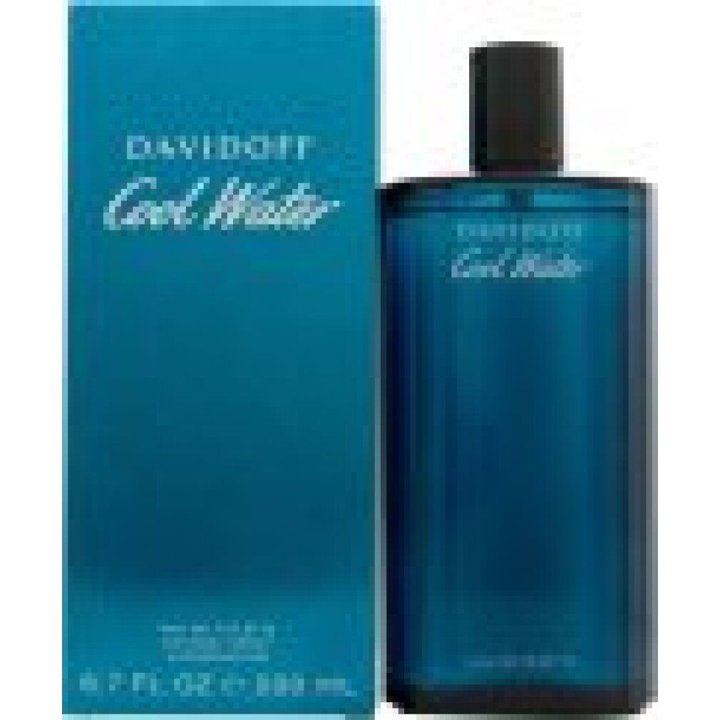 Davidoff Cool Water Eau de Toilette Flakon und Verpackung. Blau. Text: Davidoff Cool Water, Eau de Toilette.