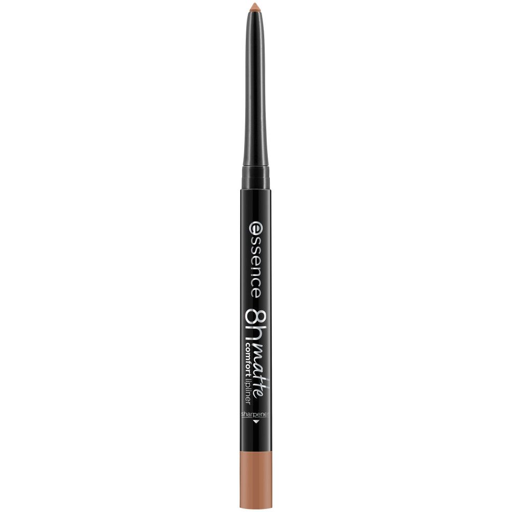 Lippenstiftstift mit schwarzem Gehäuse und brauner Mine. Aufschrift: essence 8h matte comfort liner.