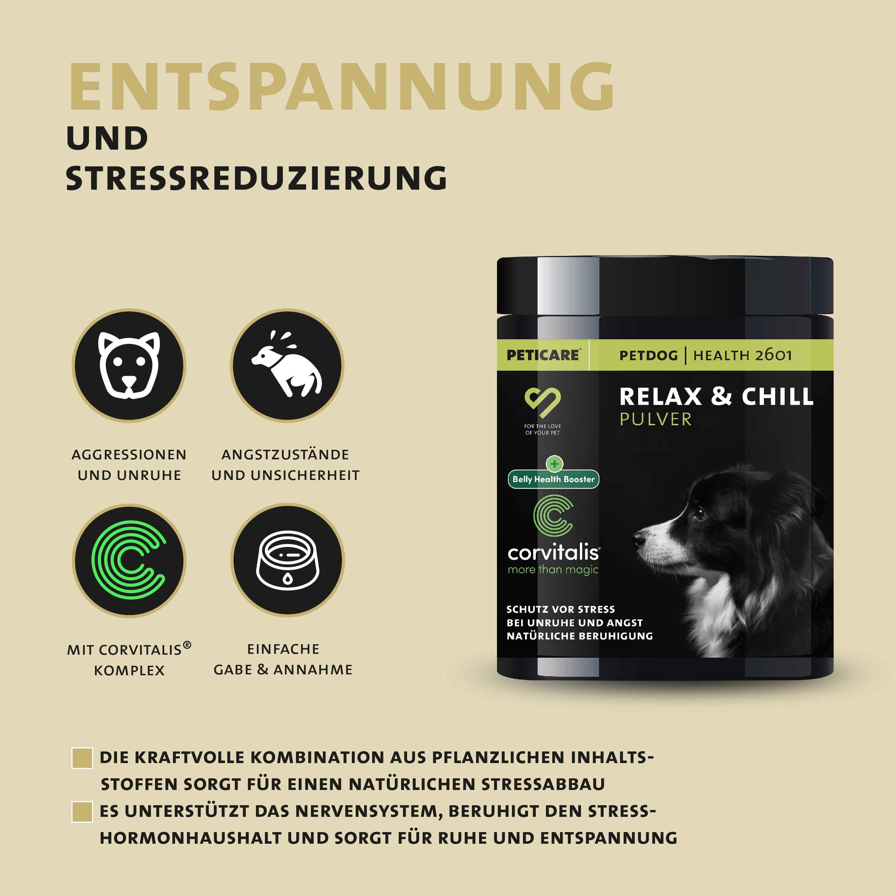 Produkt: Peticare Relax & Chill Pulver. Text: Entspannung und Stressreduzierung. Eigenschaften.
