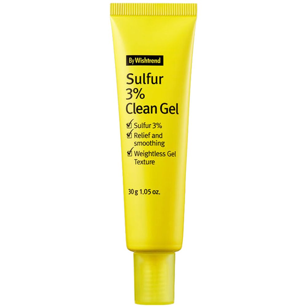 Gel-Tube, gelb, mit Aufschrift Sulfur 3% Clean Gel. Enthält Informationen zu Inhaltsstoffen und Textur.