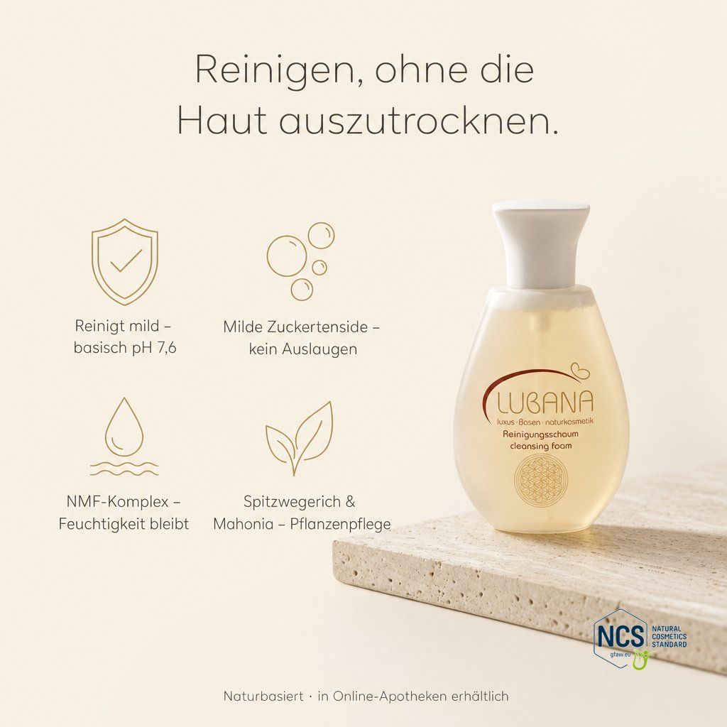 Lubana Reinigungsschaum Flasche mit Icons und Text.