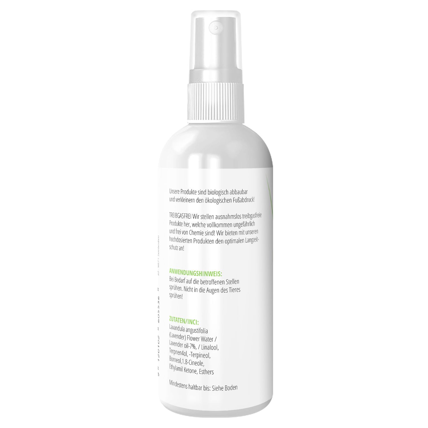 Rückseite einer weißen Sprühflasche. Text: Inhaltsstoffe, Anwendungshinweise, Haltbarkeit.