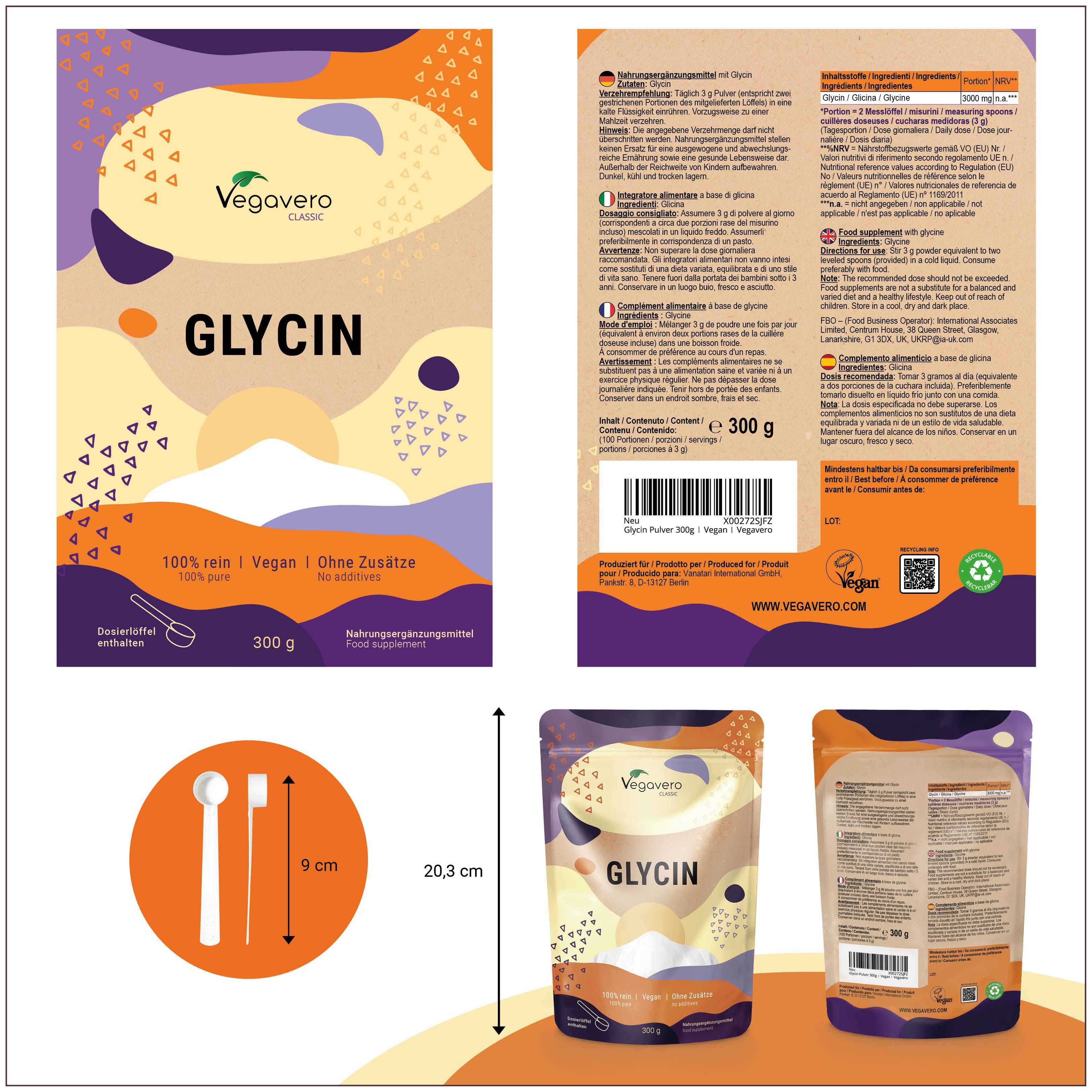 Produktverpackung mit Glycin-Pulver. Vorder- und Rückseite mit Produktinformationen. Enthält Messlöffel. Abmessungen: 20,3 cm hoch, 9 cm breit.