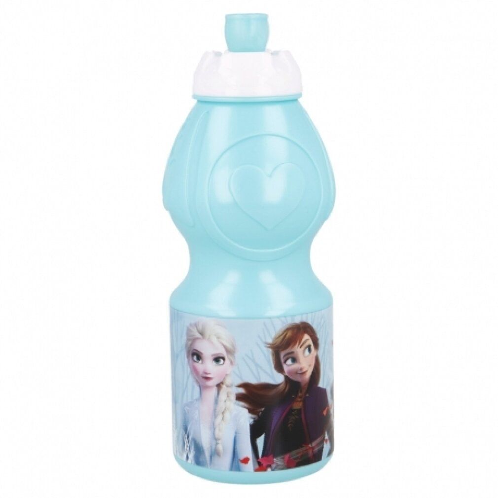 Türkisgrüne Trinkflasche mit weißem Deckel. Abbildung von Elsa und Anna. Herzförmiges Design. Kunststoff.