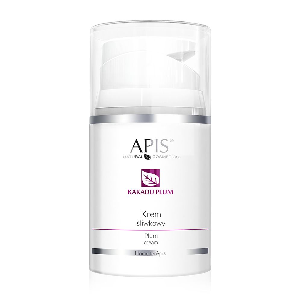 Weiße Creme-Flasche mit Pumpverschluss. Aufschrift: APIS KAKADU PLUM, Pflaumencreme. Lila Blatt-Logo.