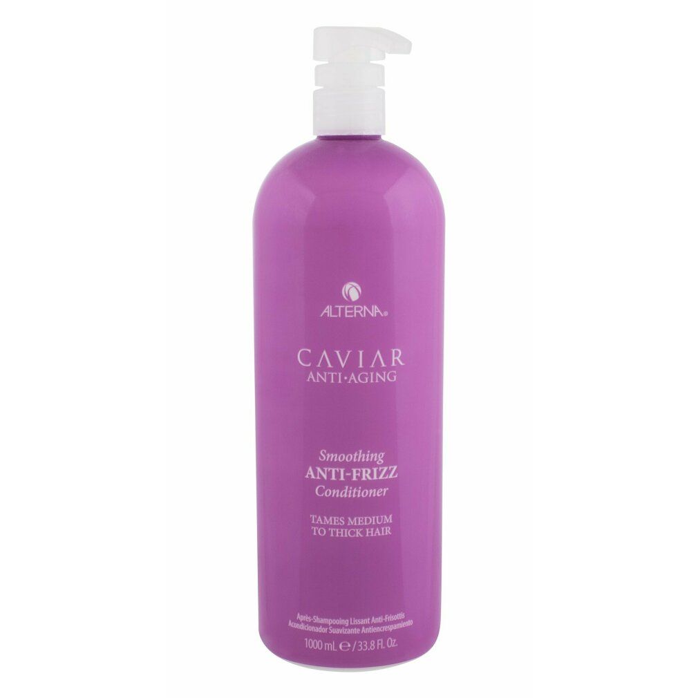 Lila Flasche mit Pumpspender, Alterna Caviar Anti-Frizz Conditioner.