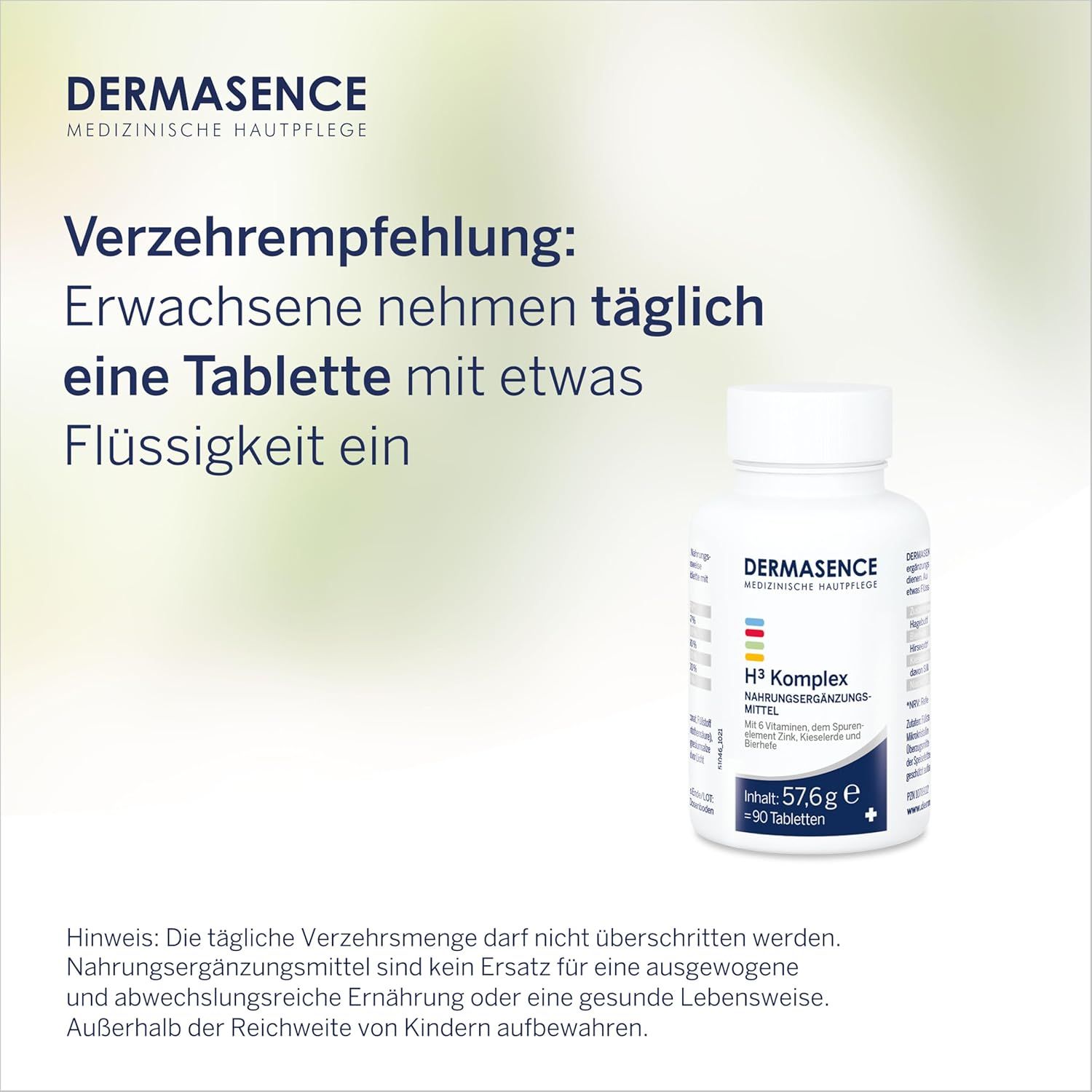 Weiße Tablettenflasche mit DERMASENCE-Logo und H³ Komplex. Enthält 90 Tabletten. Text: Erwachsene nehmen täglich eine Tablette.