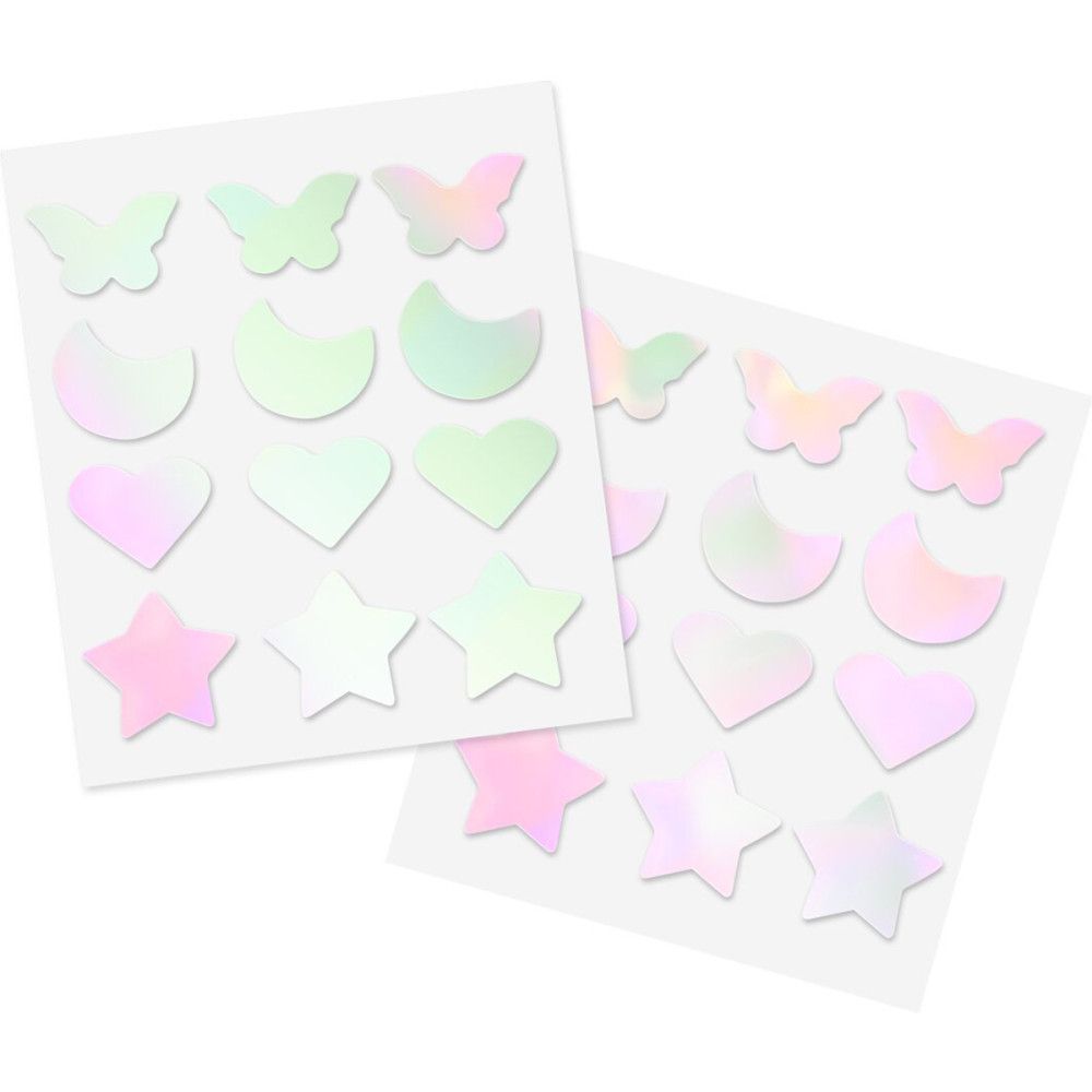 Zwei Bögen mit holografischen Pflastern in Schmetterling-, Mond-, Herz- und Sternformen.