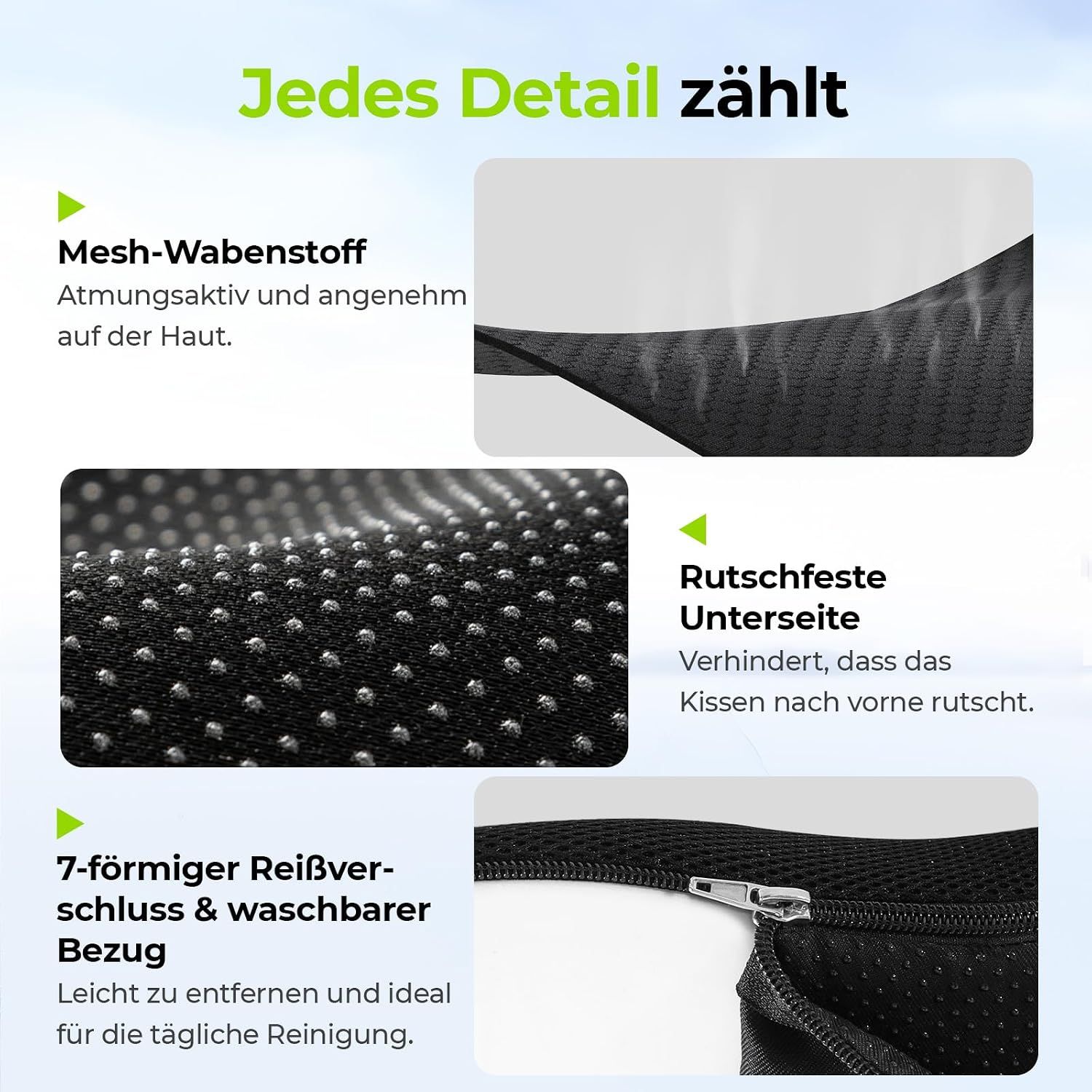 Detailansicht eines Sitzkissens: atmungsaktiver Mesh-Stoff, rutschfeste Unterseite und abnehmbarer Bezug.