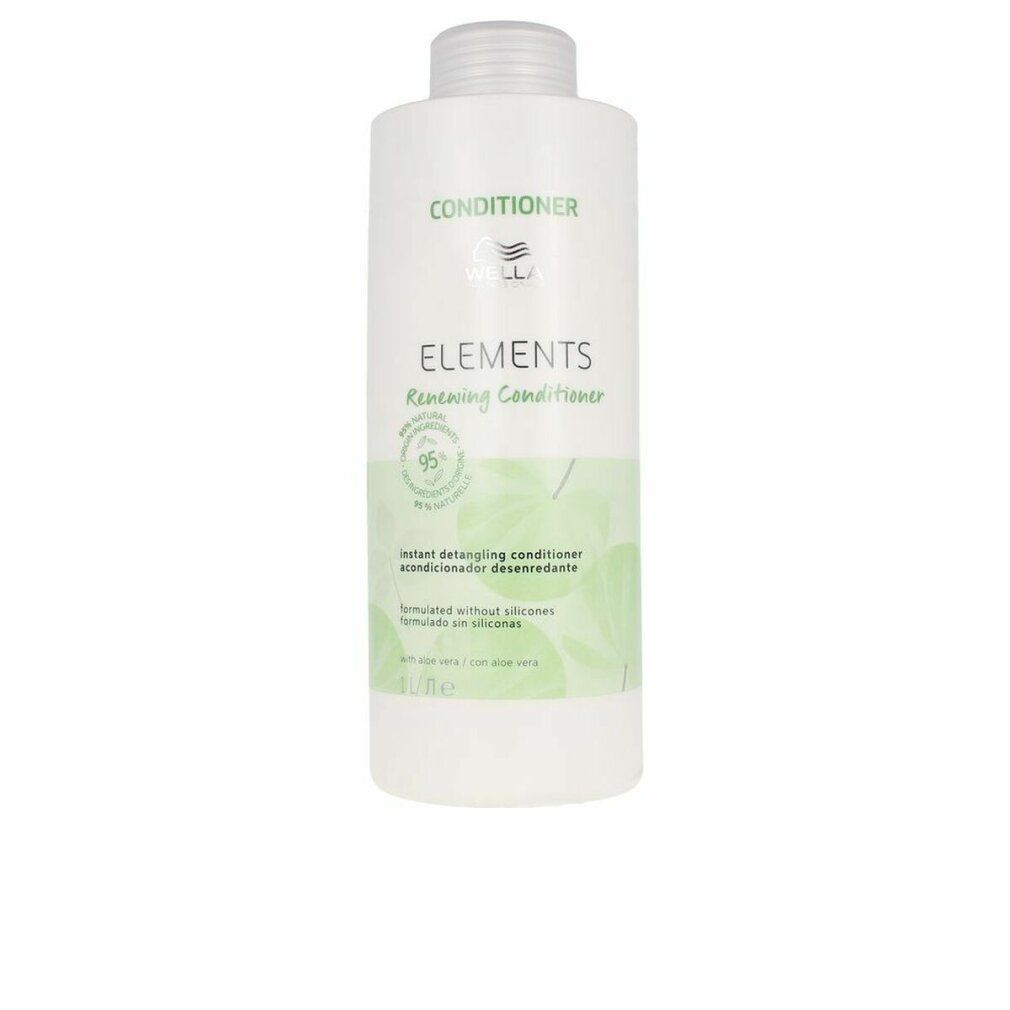 Weiße Flasche mit Conditioner. Aufschrift: Wella Elements. Grün-weiße Blätter-Dekoration. Text: Instant Detangling Conditioner, ohne Silikone.