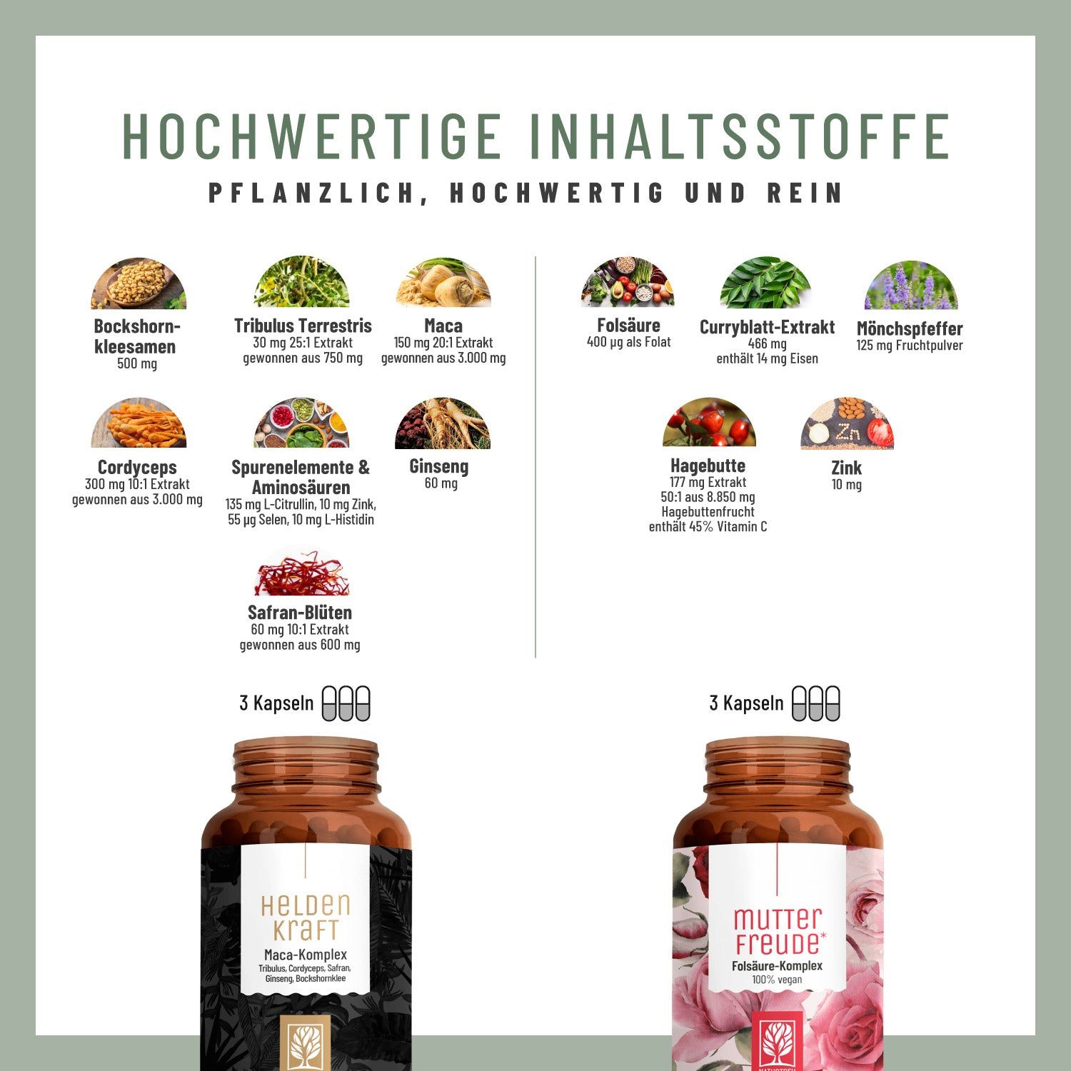 Infografik mit Inhaltsstoffen. Zeigt Zutaten wie Bockshornklee, Maca, Folsäure. Zwei Pillendosen im Hintergrund. Text: "HOCHWERTIGE INHALTSSTOFFE".
