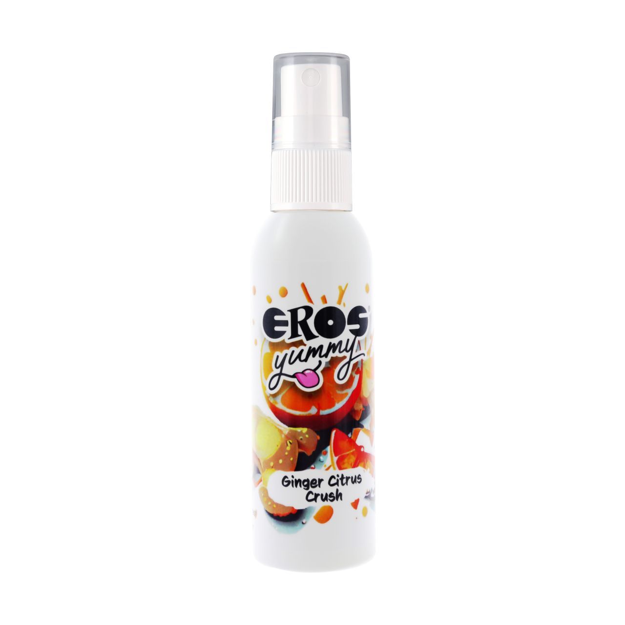 Weiße Sprühflasche mit Produktlogo und Fruchtillustration. Schriftzug: EROS yummy Ginger Citrus Crush.