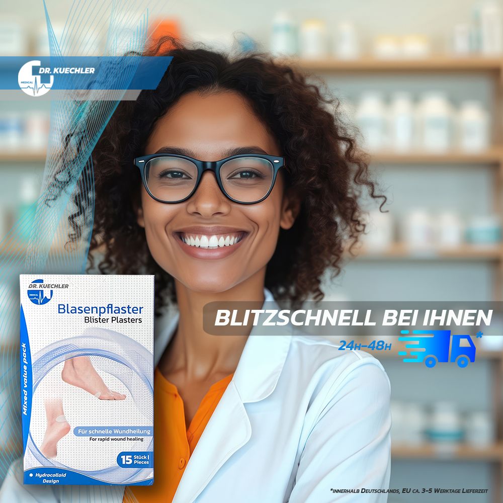 Frau im Arztkittel mit Blasenpflaster-Packung. Schnelle Lieferung. 24-48h.