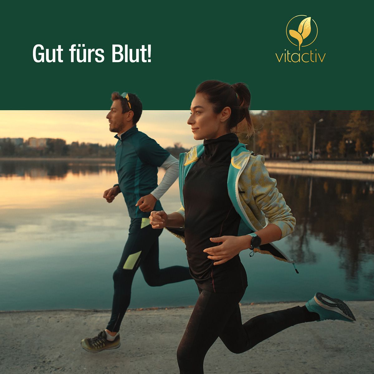 Zwei Personen joggen. Marke: Vitactiv. Text: Gut fürs Blut!