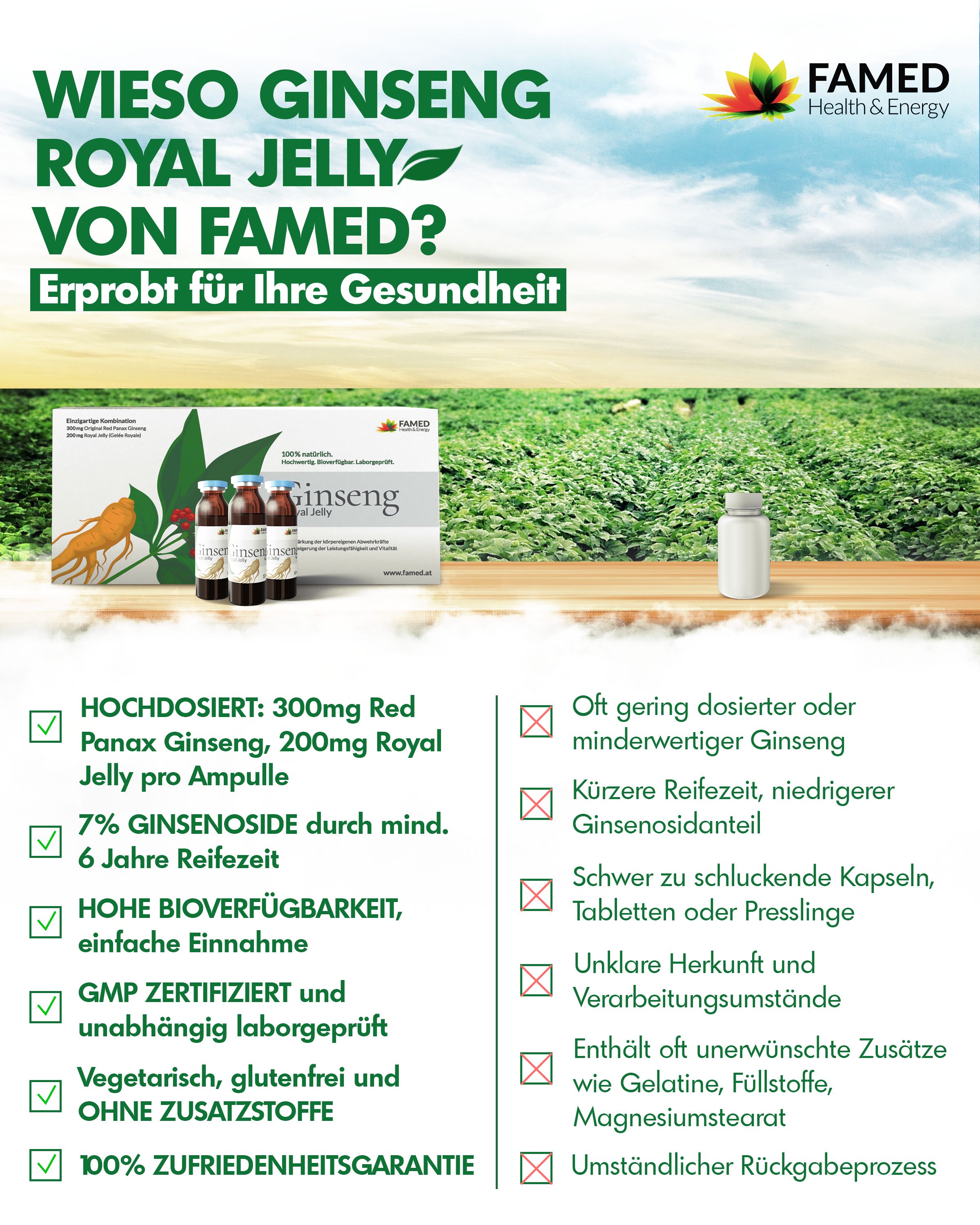 Werbeplakat mit Ginseng Royal Jelly. Text: "WIESO GINSENG ROYAL JELLY VON FAMED?" und Vorteile. Produktabbildung und Logo.