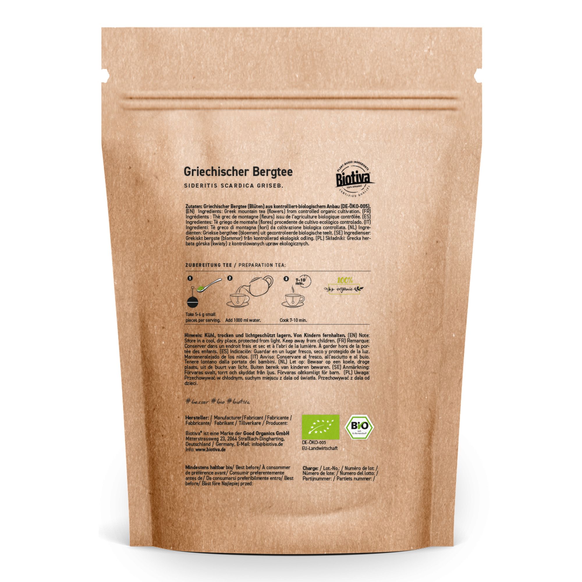 Rückseite der Biotiva Griechischer Bergtee Bio Verpackung. Text: Zubereitung, Bio-Siegel, Inhaltsstoffe, Nährwertangaben, Kontaktinformationen.