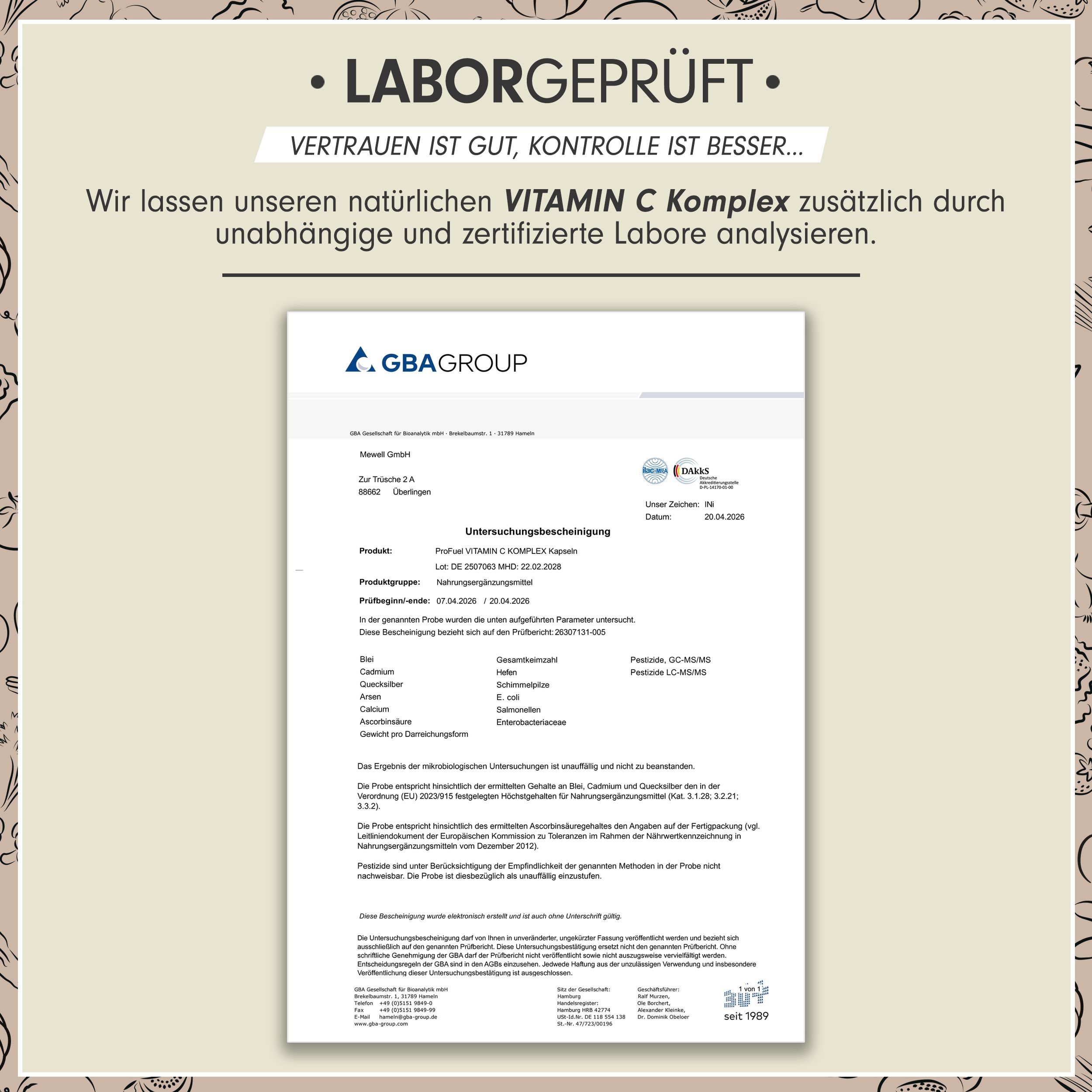 Laborbericht. Zertifizierter Bericht über die Analyse von Vitamin C Komplex. GBA Group.