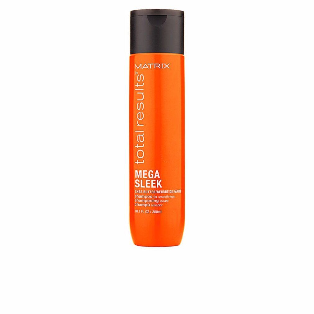 Orangefarbene Shampoo-Flasche mit schwarzem Deckel. Aufschrift: Matrix Total Results Mega Sleek. Enthält Sheabutter. 300ml.